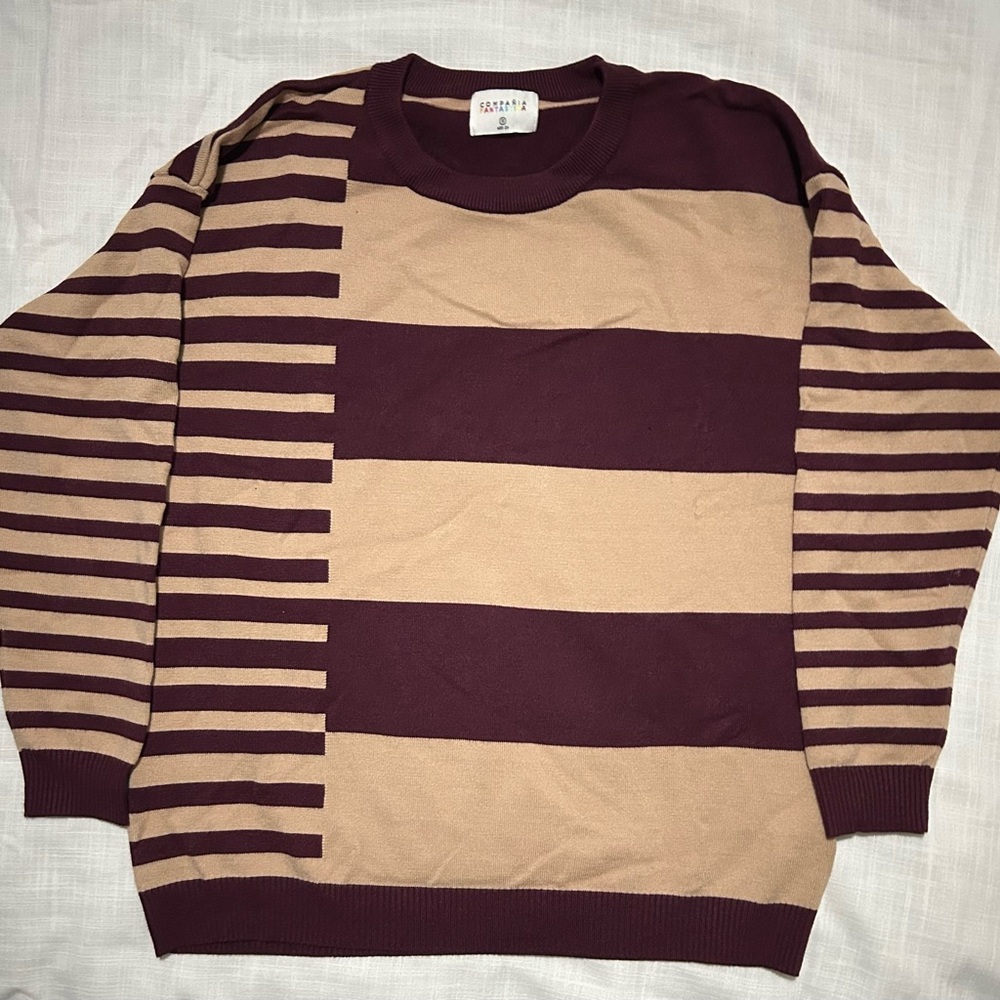 Striped Burgundy and Tan Crewneck Sweater